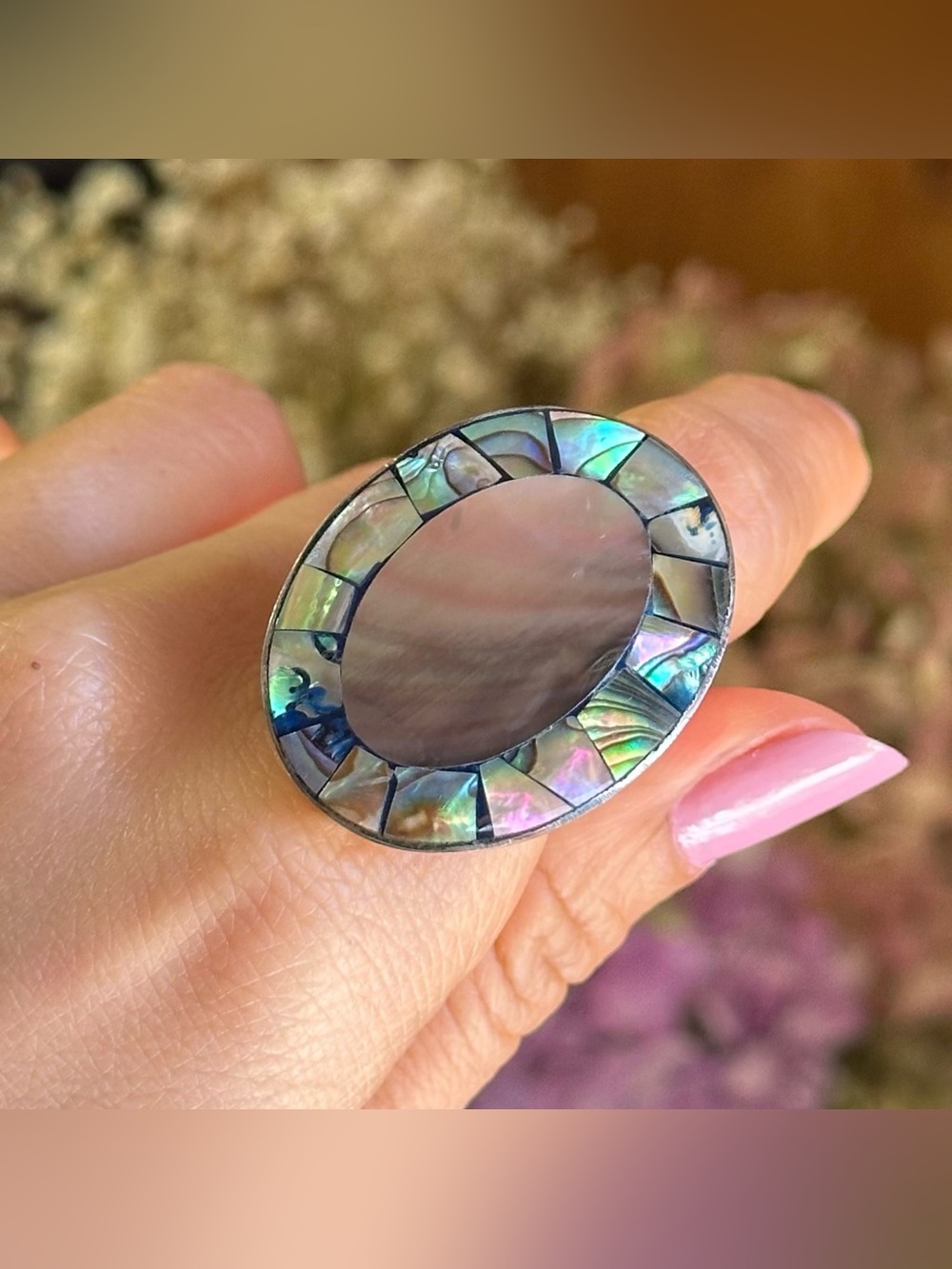 Abalone Mother of Pearl Mosaic Inlay Ring Size 9